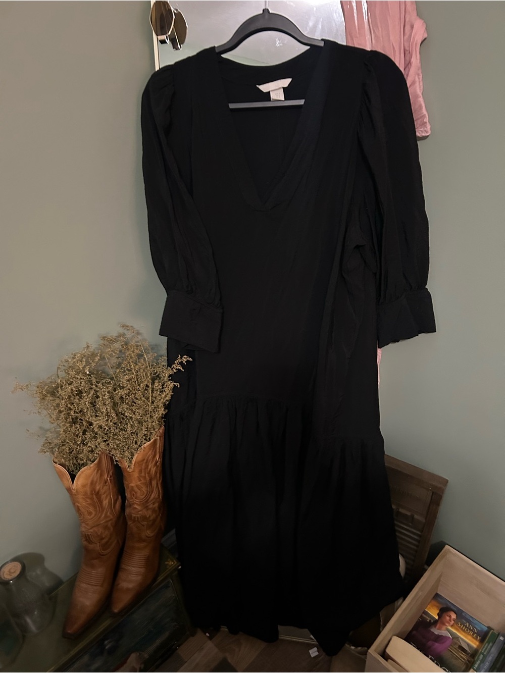 H&M Black V-Neck Puff Sleeve Tiered Midi Dress